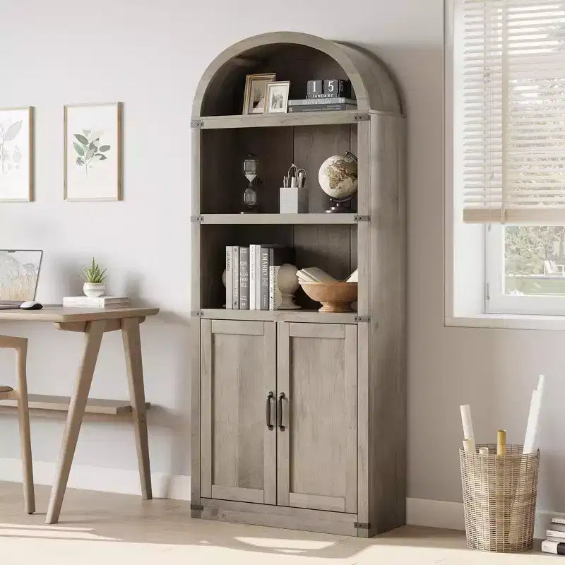 Coolmee Wooden Bookcase with Doors, 71.65 inch Tall Arched Bookshelf, Farmhouse Cabinet with Shelves for Home Office, Living Room