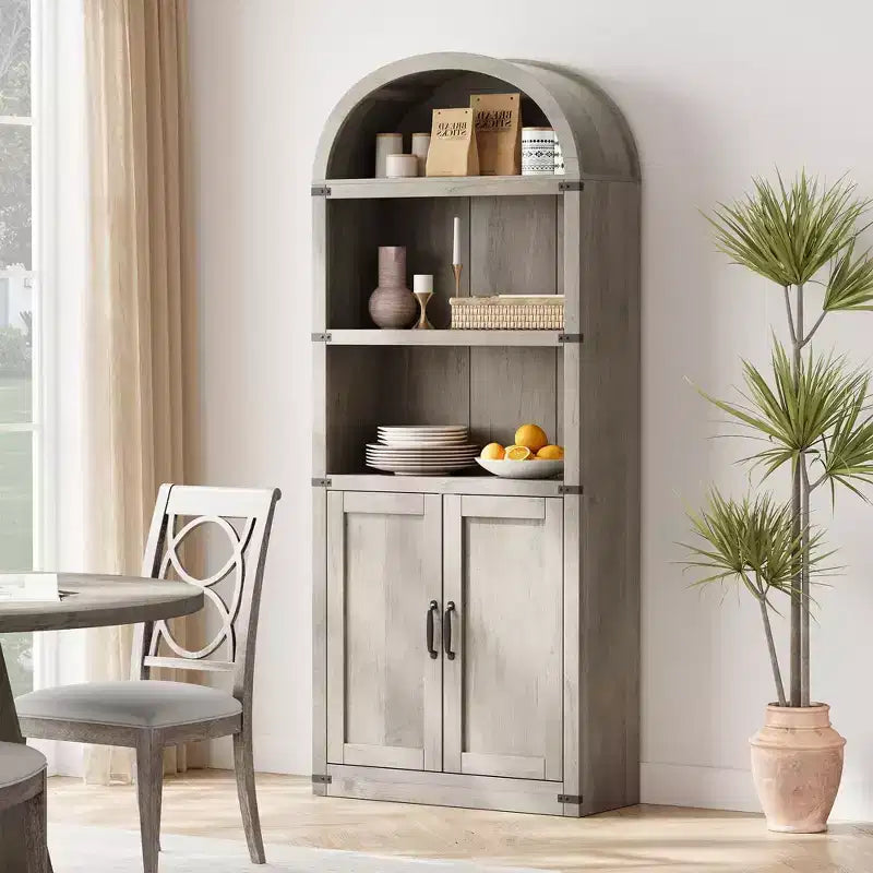 Coolmee Wooden Bookcase with Doors, 71.65 inch Tall Arched Bookshelf, Farmhouse Cabinet with Shelves for Home Office, Living Room