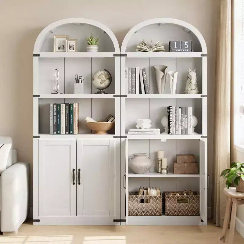 Coolmee Wooden Bookcase with Doors, 71.65 inch Tall Arched Bookshelf, Farmhouse Cabinet with Shelves for Home Office, Living Room