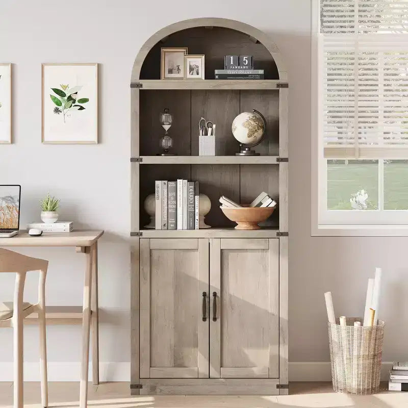Coolmee Wooden Bookcase with Doors, 71.65 inch Tall Arched Bookshelf, Farmhouse Cabinet with Shelves for Home Office, Living Room