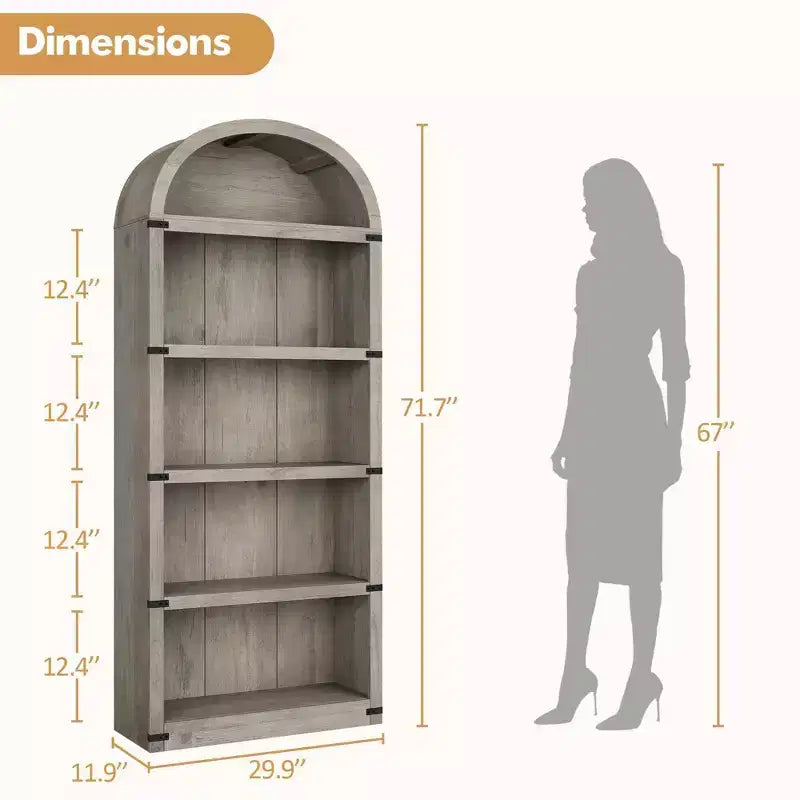 Coolmee Wooden Bookcase with Doors, 71.65 inch Tall Arched Bookshelf, Farmhouse Cabinet with Shelves for Home Office, Living Room