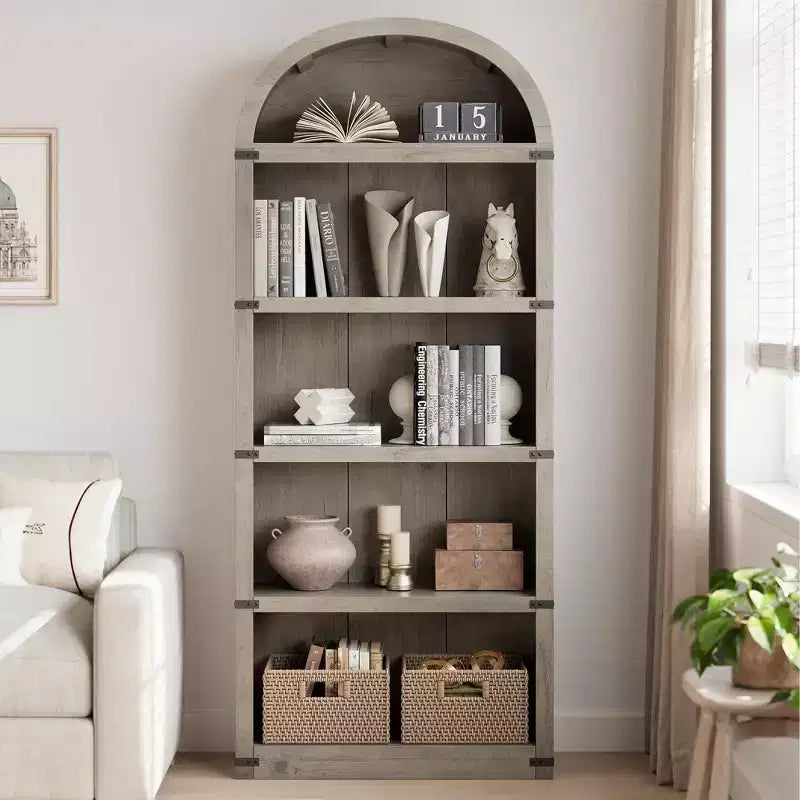 Coolmee Wooden Bookcase with Doors, 71.65 inch Tall Arched Bookshelf, Farmhouse Cabinet with Shelves for Home Office, Living Room