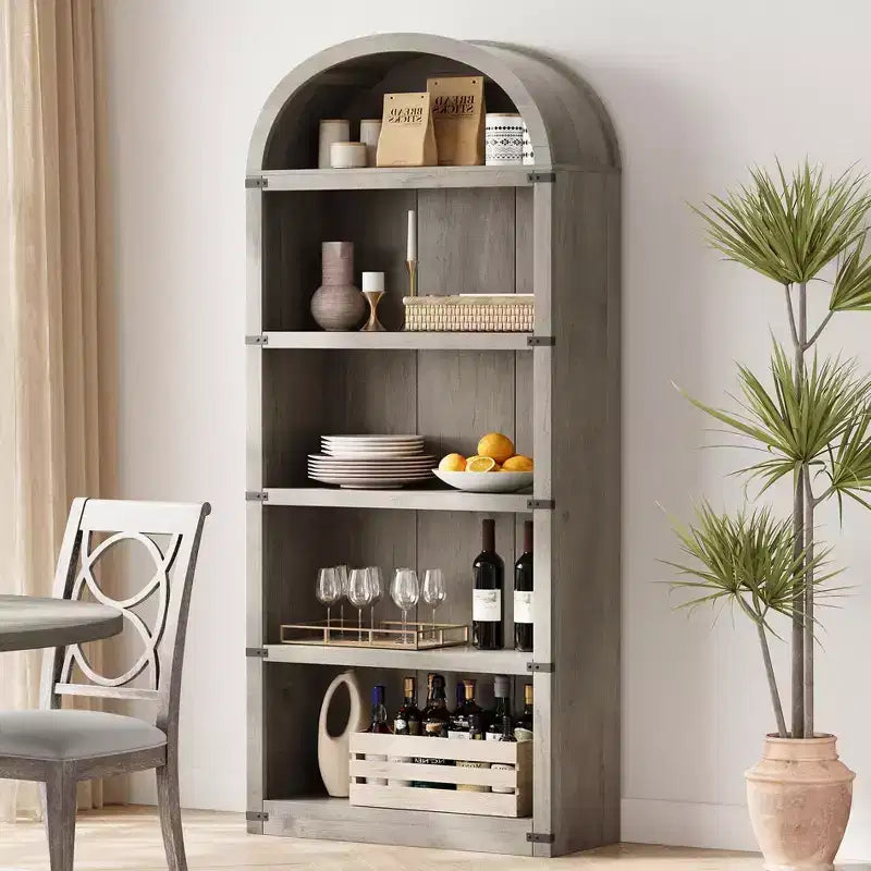 Coolmee Wooden Bookcase with Doors, 71.65 inch Tall Arched Bookshelf, Farmhouse Cabinet with Shelves for Home Office, Living Room