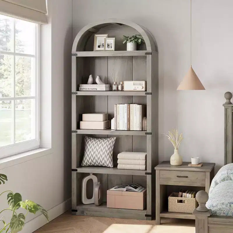 Coolmee Wooden Bookcase with Doors, 71.65 inch Tall Arched Bookshelf, Farmhouse Cabinet with Shelves for Home Office, Living Room