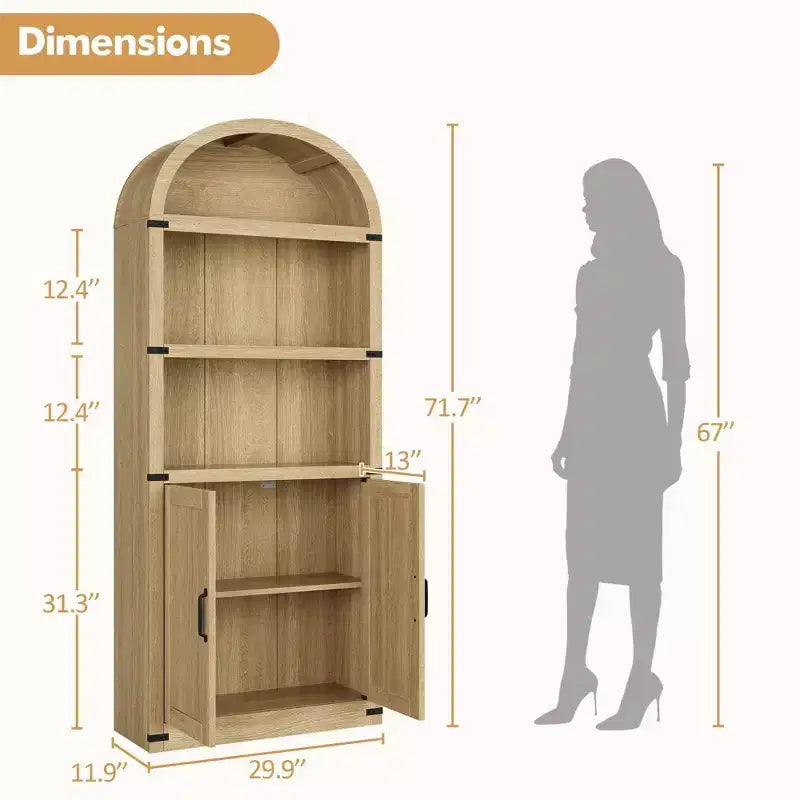 Coolmee Wooden Bookcase with Doors, 71.65 inch Tall Arched Bookshelf, Farmhouse Cabinet with Shelves for Home Office, Living Room