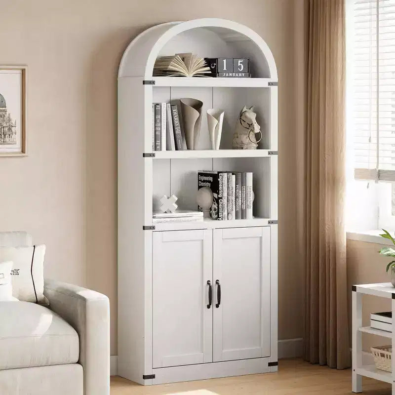 Coolmee Wooden Bookcase with Doors, 71.65 inch Tall Arched Bookshelf, Farmhouse Cabinet with Shelves for Home Office, Living Room
