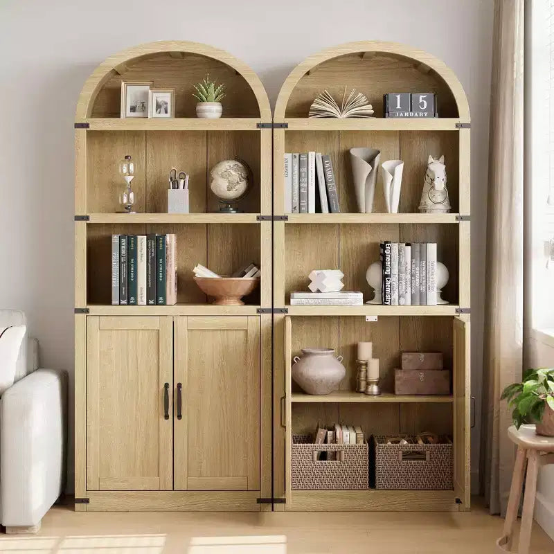 Coolmee Wooden Bookcase with Doors, 71.65 inch Tall Arched Bookshelf, Farmhouse Cabinet with Shelves for Home Office, Living Room