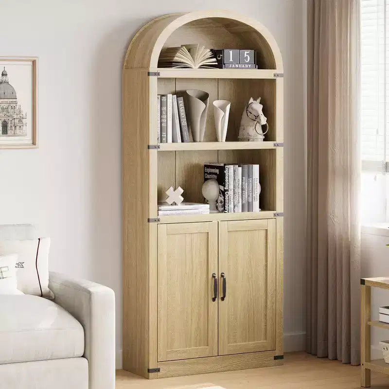 Coolmee Wooden Bookcase with Doors, 71.65 inch Tall Arched Bookshelf, Farmhouse Cabinet with Shelves for Home Office, Living Room