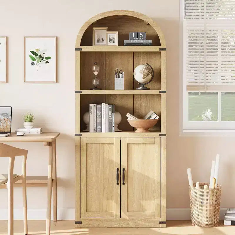 Coolmee Wooden Bookcase with Doors, 71.65 inch Tall Arched Bookshelf, Farmhouse Cabinet with Shelves for Home Office, Living Room