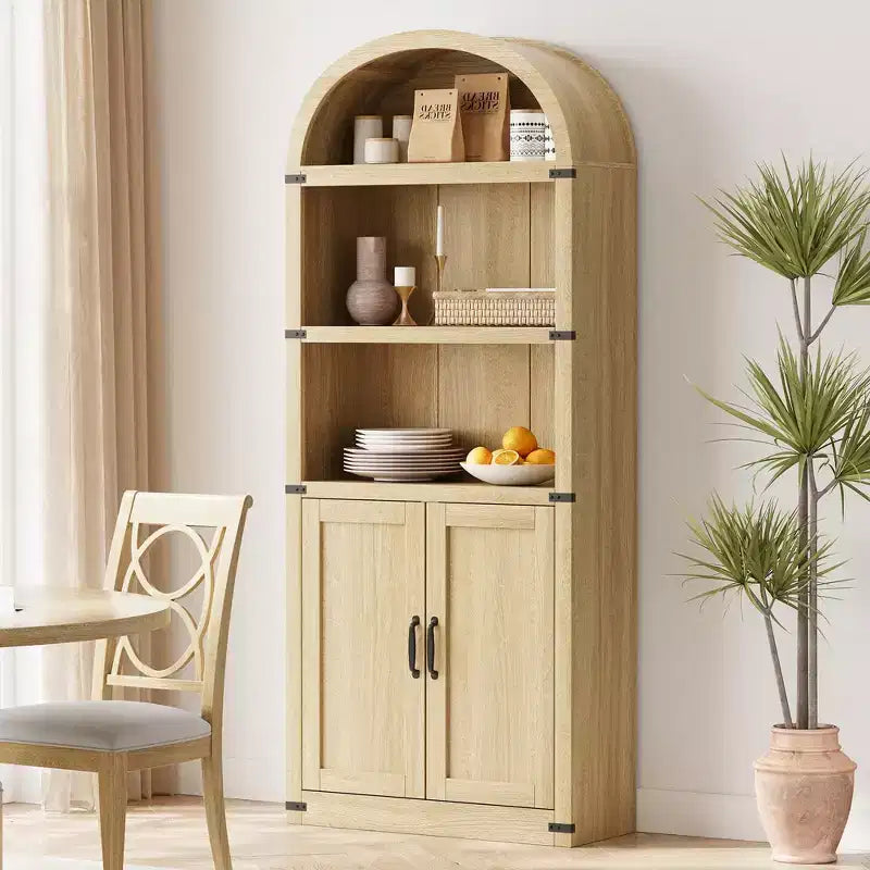 Coolmee Wooden Bookcase with Doors, 71.65 inch Tall Arched Bookshelf, Farmhouse Cabinet with Shelves for Home Office, Living Room
