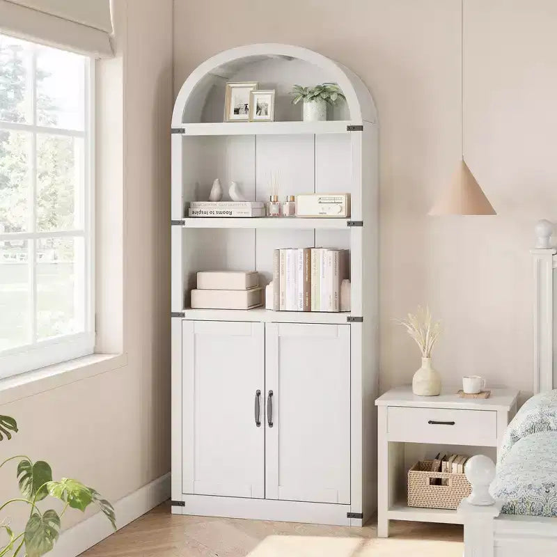 Coolmee Wooden Bookcase with Doors, 71.65 inch Tall Arched Bookshelf, Farmhouse Cabinet with Shelves for Home Office, Living Room