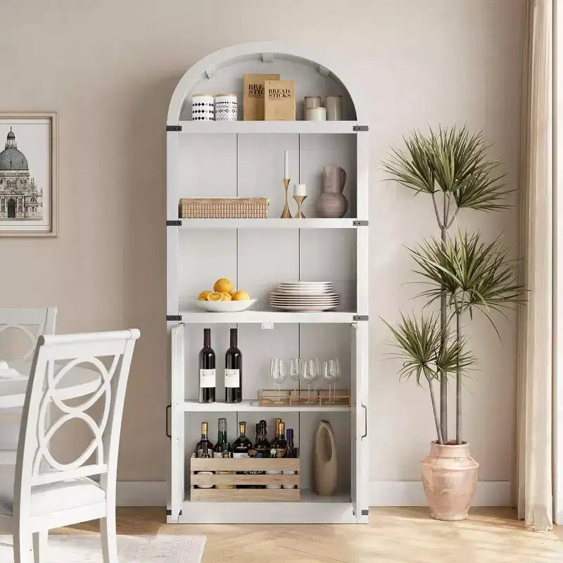 Coolmee Wooden Bookcase with Doors, 71.65 inch Tall Arched Bookshelf, Farmhouse Cabinet with Shelves for Home Office, Living Room