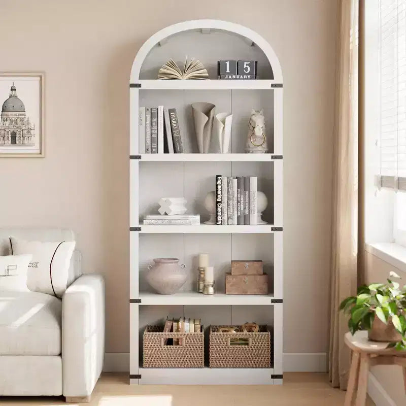 Coolmee Wooden Bookcase with Doors, 71.65 inch Tall Arched Bookshelf, Farmhouse Cabinet with Shelves for Home Office, Living Room