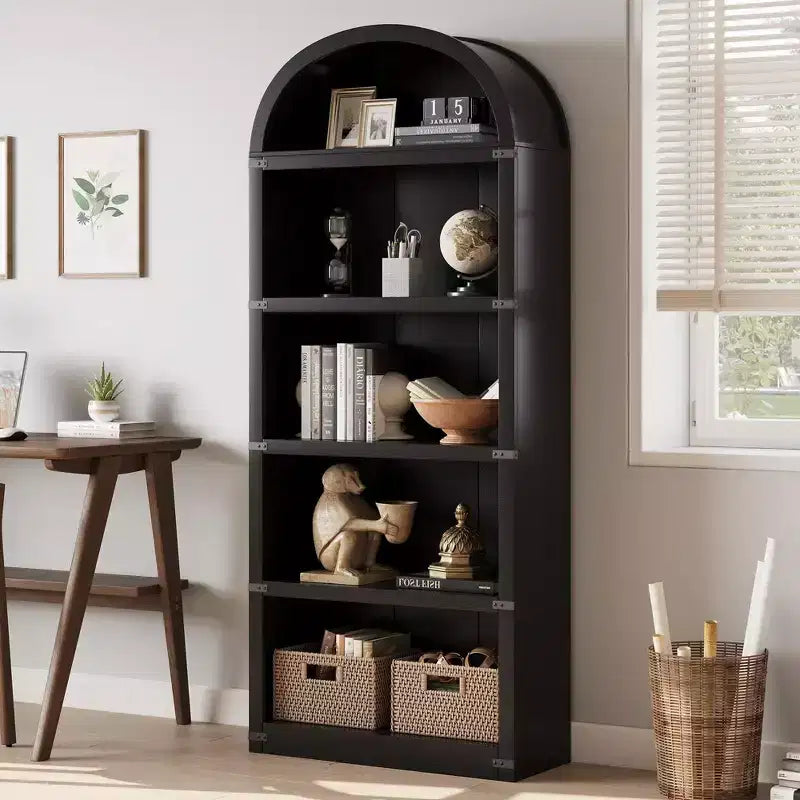 Coolmee Wooden Bookcase with Doors, 71.65 inch Tall Arched Bookshelf, Farmhouse Cabinet with Shelves for Home Office, Living Room