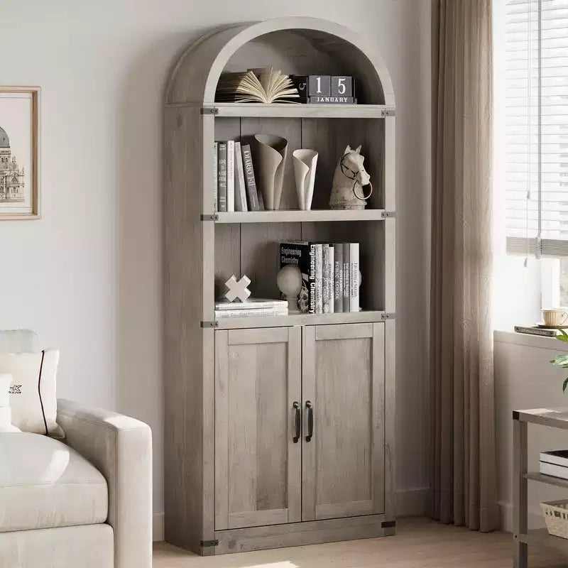 Coolmee Wooden Bookcase with Doors, 71.65 inch Tall Arched Bookshelf, Farmhouse Cabinet with Shelves for Home Office, Living Room
