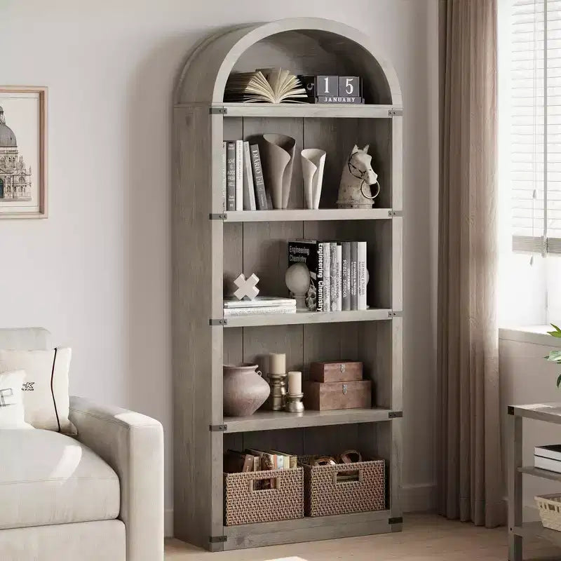 Coolmee Wooden Bookcase with Doors, 71.65 inch Tall Arched Bookshelf, Farmhouse Cabinet with Shelves for Home Office, Living Room