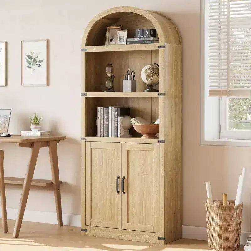 Coolmee Wooden Bookcase with Doors, 71.65 inch Tall Arched Bookshelf, Farmhouse Cabinet with Shelves for Home Office, Living Room