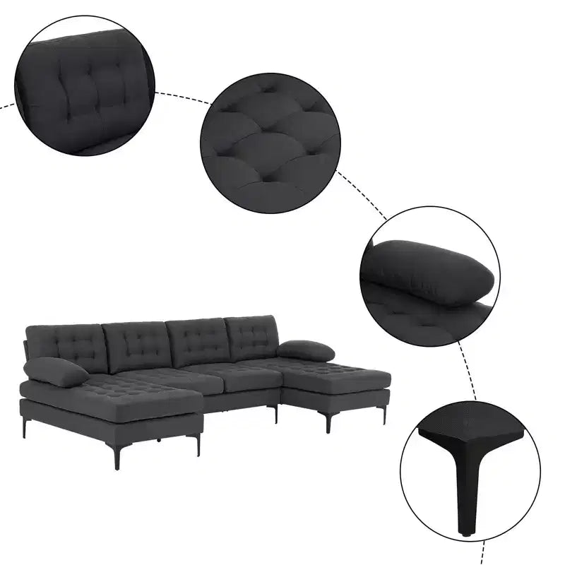 Karl Home |110 in. W Pillow Top Arm Chellie 4-Seat U-shaped Tufed Sofa in Gray