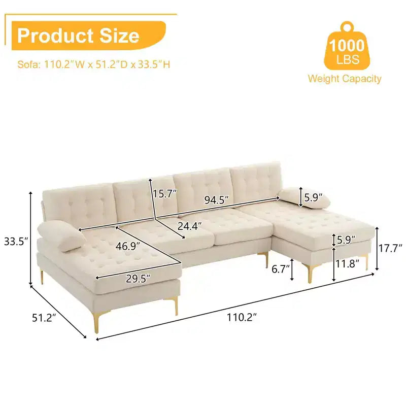 Karl Home |110 in. W Pillow Top Arm Chellie 4-Seat U-shaped Tufed Sofa in Gray