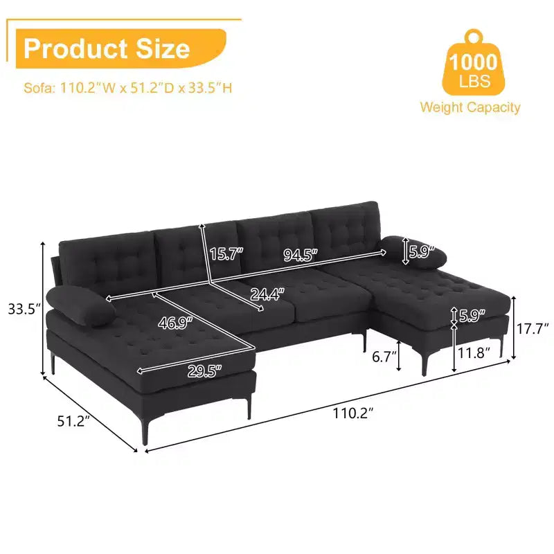 Karl Home |110 in. W Pillow Top Arm Chellie 4-Seat U-shaped Tufed Sofa in Gray