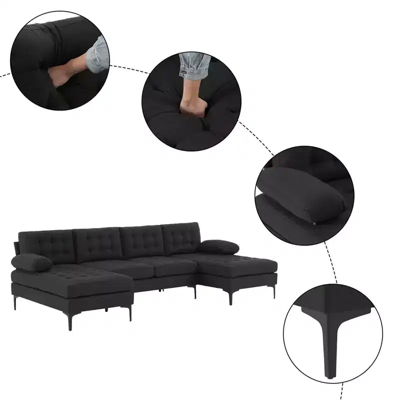 Karl Home |110 in. W Pillow Top Arm Chellie 4-Seat U-shaped Tufed Sofa in Gray