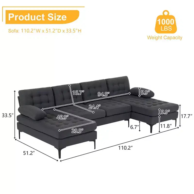 Karl Home |110 in. W Pillow Top Arm Chellie 4-Seat U-shaped Tufed Sofa in Gray