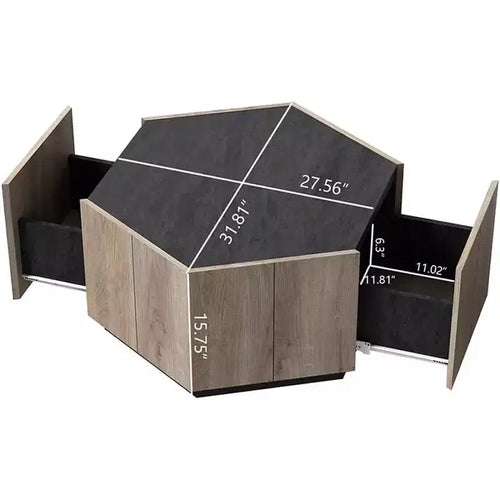 Table basse hexagonale industrielle rustique Acekool, finition chêne et gris texturé, deux tiroirs, plateau étanche, 31,81x27,56x15,75