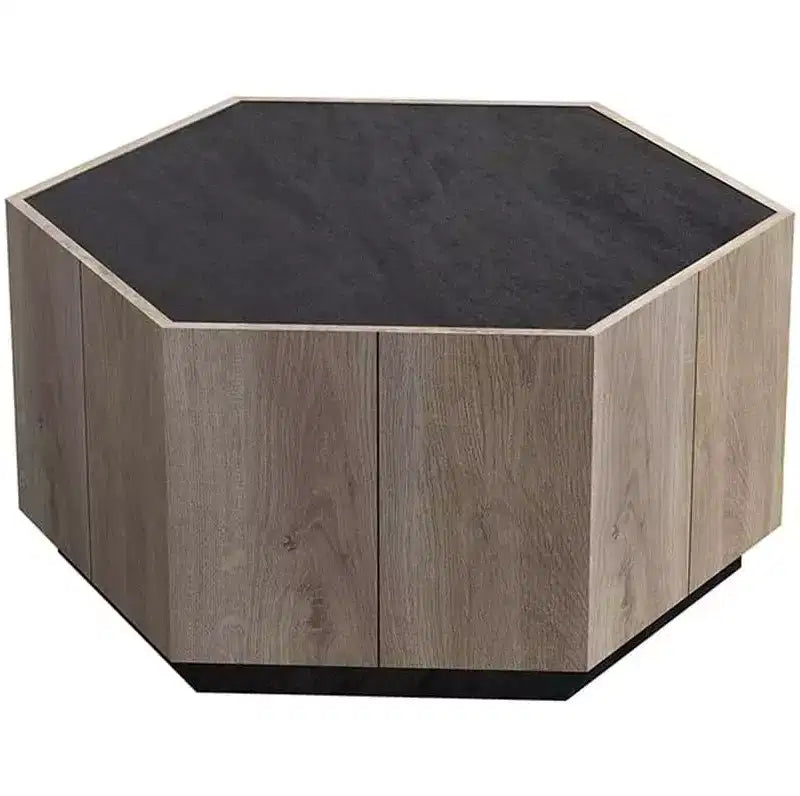 Acekool Industrial Rustic Hexagonal Coffee Table, Oak & Textured Gray Finish, Dual Drawers, Waterproof Top, 31.81x27.56x15.75