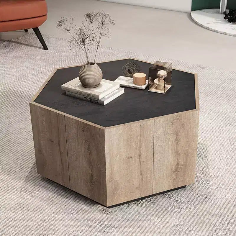 Acekool Industrial Rustic Hexagonal Coffee Table, Oak & Textured Gray Finish, Dual Drawers, Waterproof Top, 31.81x27.56x15.75