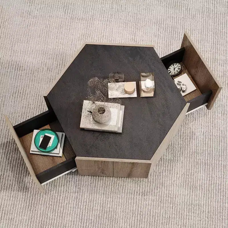 Acekool Industrial Rustic Hexagonal Coffee Table, Oak & Textured Gray Finish, Dual Drawers, Waterproof Top, 31.81x27.56x15.75