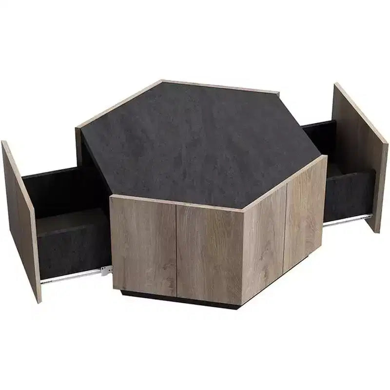 Acekool Industrial Rustic Hexagonal Coffee Table, Oak & Textured Gray Finish, Dual Drawers, Waterproof Top, 31.81x27.56x15.75