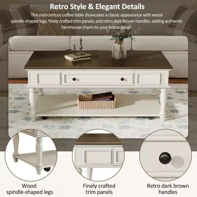 Christopher Knight Home Sana Retro Rubberwood Coffee Table with One Drawer, Shelf and Lockable Wheels