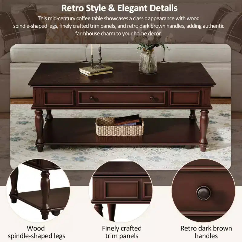 Christopher Knight Home Sana Retro Rubberwood Coffee Table with One Drawer, Shelf and Lockable Wheels