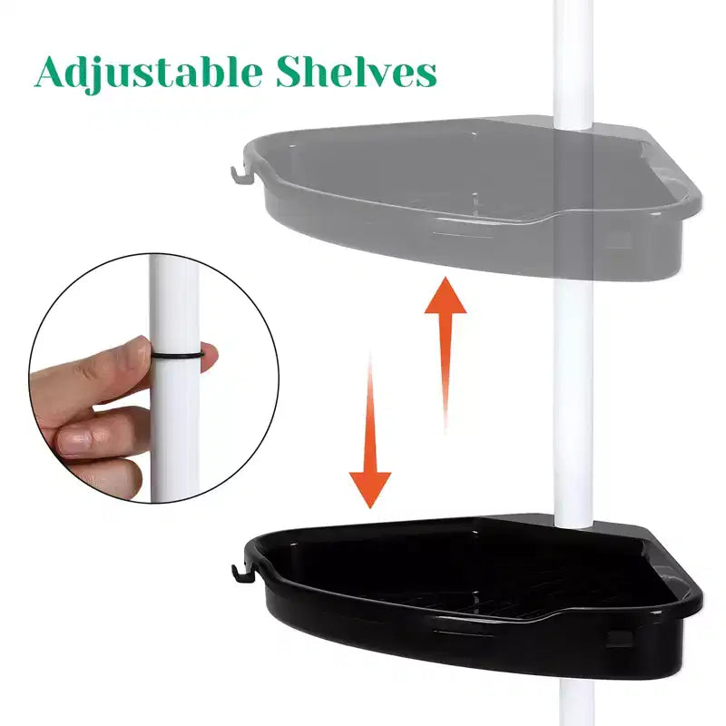 Corner Shower Caddy Tension Pole, 4-Tier Standing Bathroom Shower Organizer Shelves, Quick Install, No-Drill Quick Installation