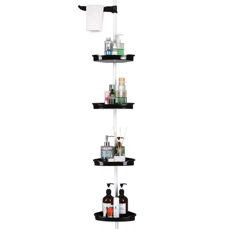 Corner Shower Caddy Tension Pole, 4-Tier Standing Bathroom Shower Organizer Shelves, Quick Install, No-Drill Quick Installation