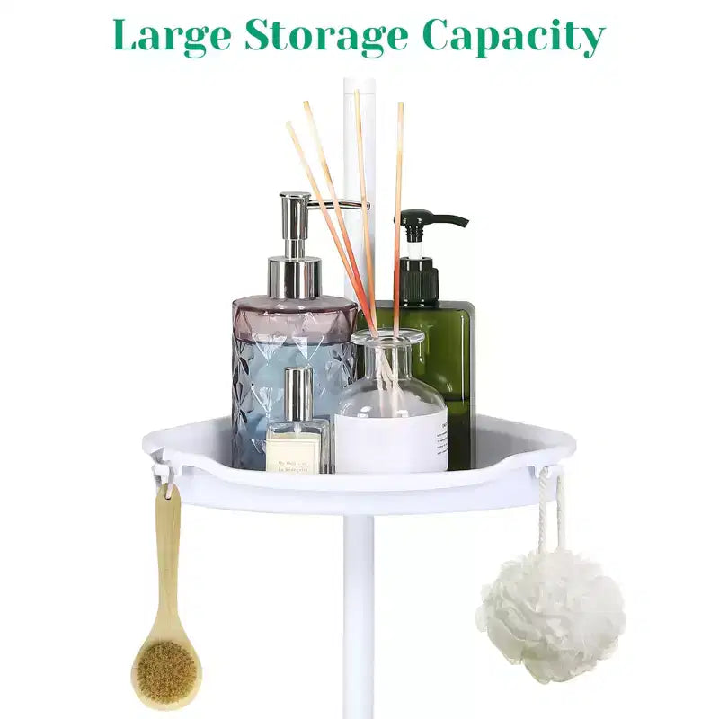 Corner Shower Caddy Tension Pole, 4-Tier Standing Bathroom Shower Organizer Shelves, Quick Install, No-Drill Quick Installation