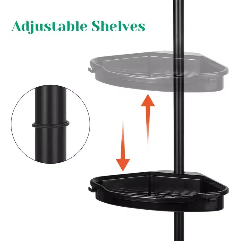 Corner Shower Caddy Tension Pole, 4-Tier Standing Bathroom Shower Organizer Shelves, Quick Install, No-Drill Quick Installation