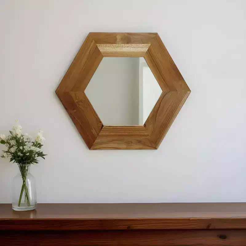 HomeRoots 19 Natural Hexagon Solid Wood Framed Accent Mirror