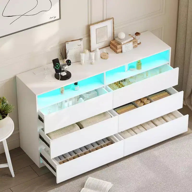 Dyonery Modern 6-Drawer Dressing Table with Sliding Top, Featuring Drawers, Organizer for Bedroom, Closet, and Living Room