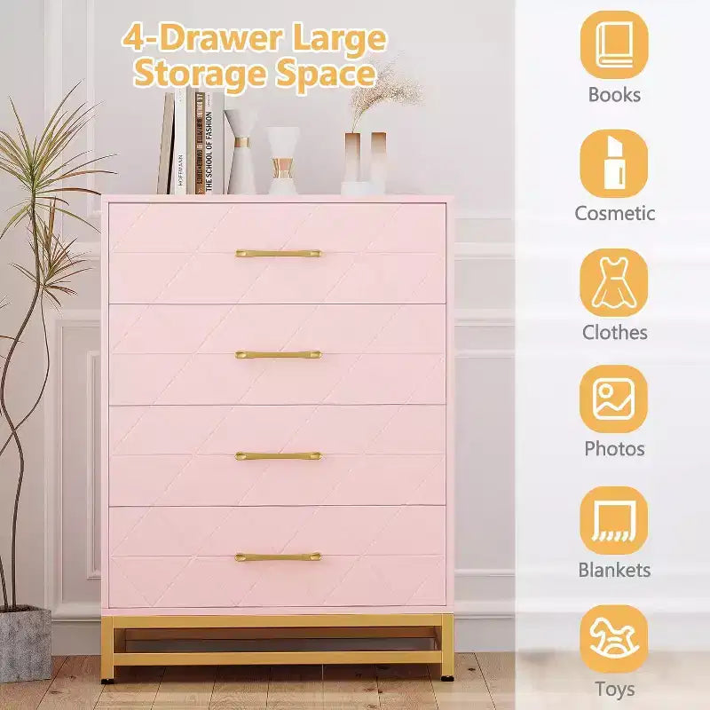 4 Drawer Dressers, Wood Dresser w/Golden Handles, Storage Chest Cabinet Organizer Unit, Chest of Drawers for Living Room, Closet, Hallway