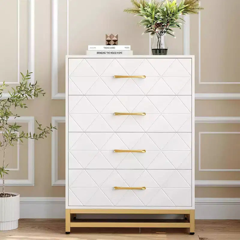 4 Drawer Dressers, Wood Dresser w/Golden Handles, Storage Chest Cabinet Organizer Unit, Chest of Drawers for Living Room, Closet, Hallway