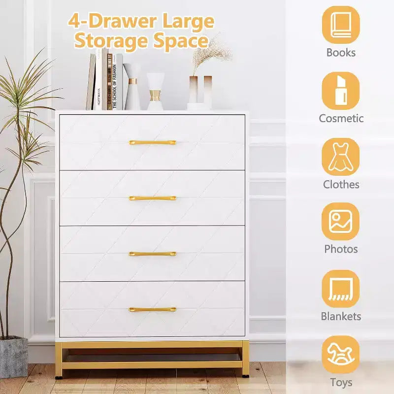 4 Drawer Dressers, Wood Dresser w/Golden Handles, Storage Chest Cabinet Organizer Unit, Chest of Drawers for Living Room, Closet, Hallway