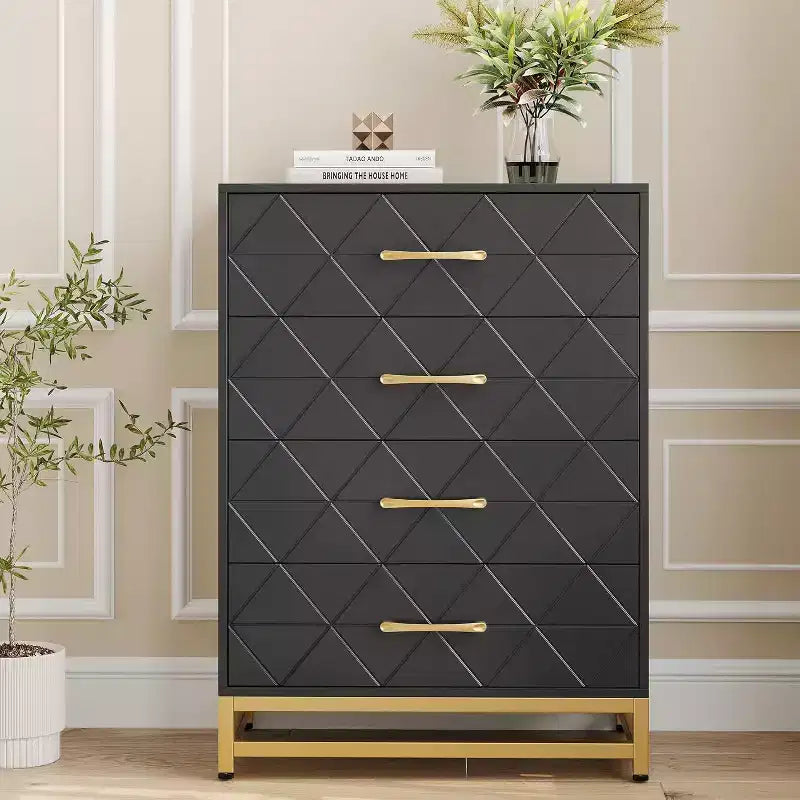4 Drawer Dressers, Wood Dresser w/Golden Handles, Storage Chest Cabinet Organizer Unit, Chest of Drawers for Living Room, Closet, Hallway