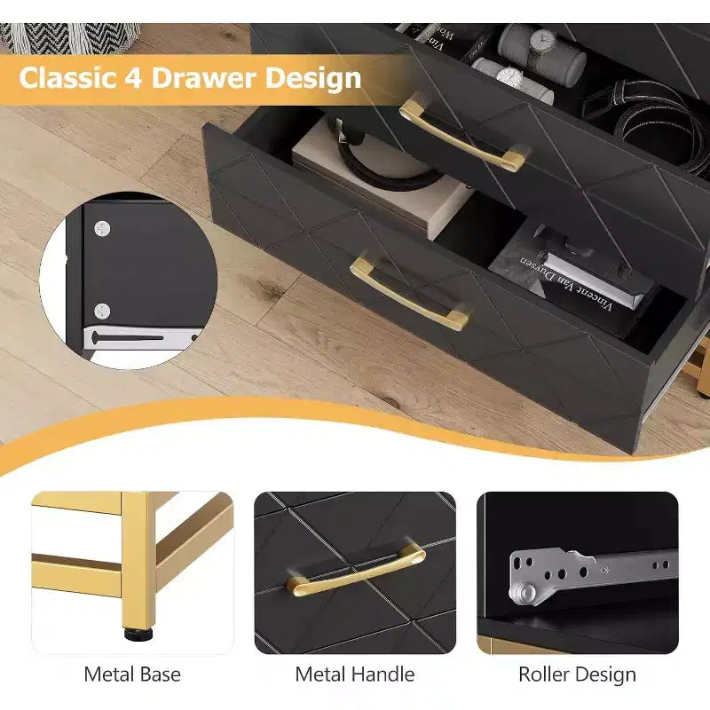 4 Drawer Dressers, Wood Dresser w/Golden Handles, Storage Chest Cabinet Organizer Unit, Chest of Drawers for Living Room, Closet, Hallway
