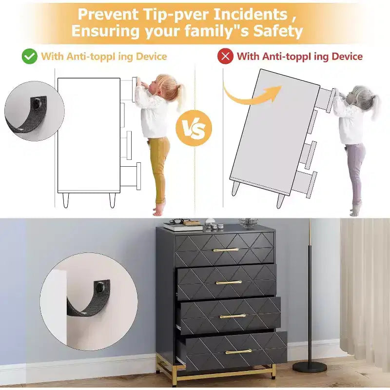 4 Drawer Dressers, Wood Dresser w/Golden Handles, Storage Chest Cabinet Organizer Unit, Chest of Drawers for Living Room, Closet, Hallway