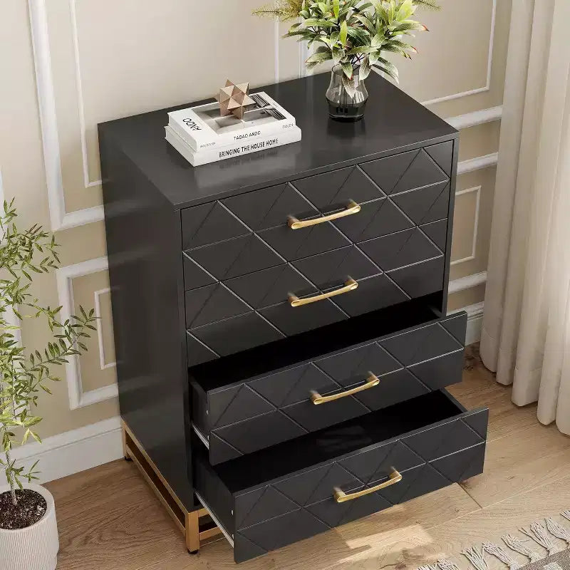 4 Drawer Dressers, Wood Dresser w/Golden Handles, Storage Chest Cabinet Organizer Unit, Chest of Drawers for Living Room, Closet, Hallway