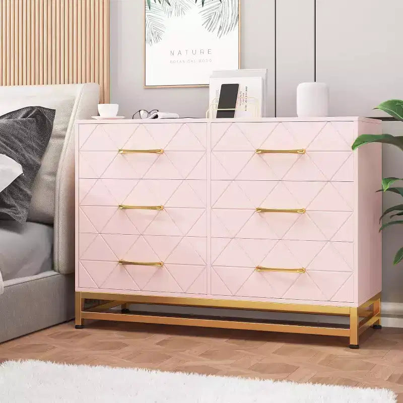 6 Drawer Dresser for Bedroom, Wooden Double Dresser with Gold Handles, Modern Chest Dresser with Deep Drawers for Living Room, Hallway