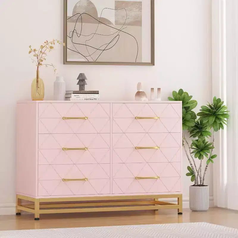 6 Drawer Dresser for Bedroom, Wooden Double Dresser with Gold Handles, Modern Chest Dresser with Deep Drawers for Living Room, Hallway
