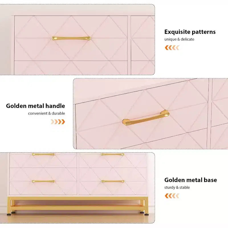 6 Drawer Dresser for Bedroom, Wooden Double Dresser with Gold Handles, Modern Chest Dresser with Deep Drawers for Living Room, Hallway