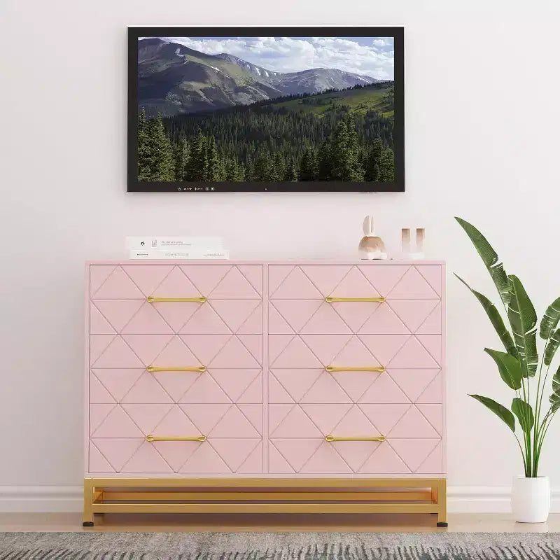 6 Drawer Dresser for Bedroom, Wooden Double Dresser with Gold Handles, Modern Chest Dresser with Deep Drawers for Living Room, Hallway